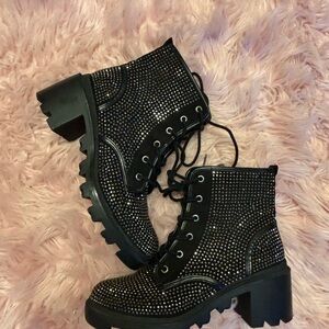 Madden Girl Black Rhinestone Combat Boots